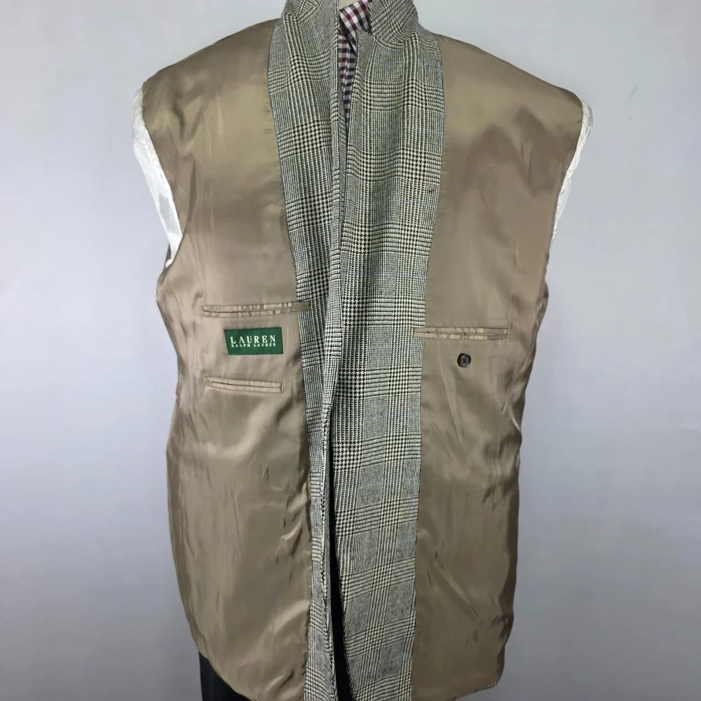 Lauren Ralph Lauren Men's Sport Coat Blazer Two Button Beige Plaid Silk Wool 48R